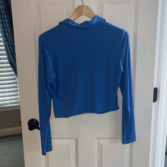 REFORMATION Elin Knit Top Dusk Blue Ribbed Long Sleeve Top Button Down Collar XL - Picture 7 of 8